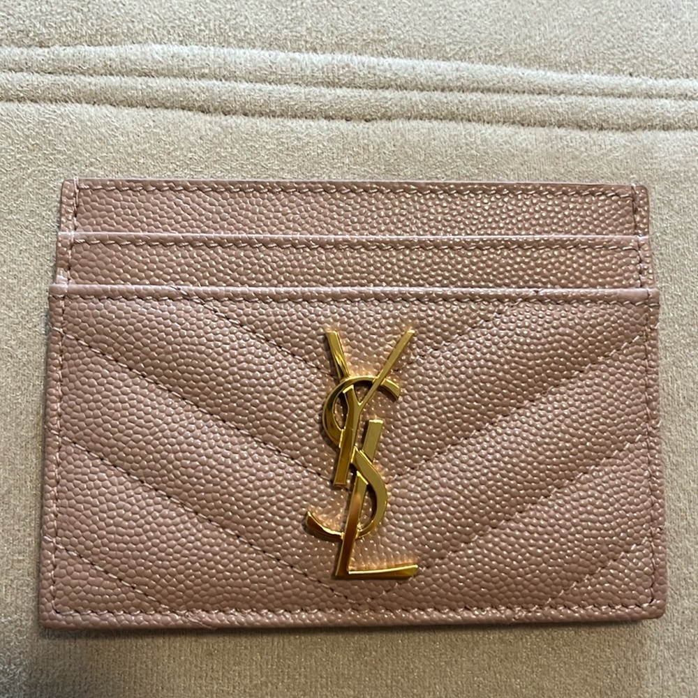 Saint Laurent Matelassé Card Case in Pale Pink and Gold Hardware